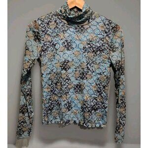 New Blue Geometric Mesh Lined Turtleneck Ruffle Trim Stretch Top Sigrid Olsen S